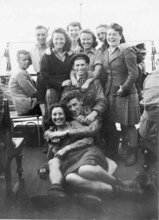 "Hiking Gang, steamer, Loch Lomond. '43" Len's handwriting on reverse. Len is centre back. Joan Brandley, visiting from Dagenham, is bottom left.