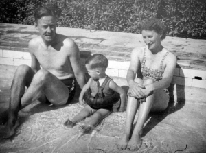 'Abadan 1946.   Rod.  19 months.  Taken in the baby pool.  It was just filling up.'  Aunt Phem's writing.  With Dennis.